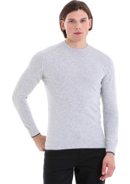Gri Regular Fit Düz Bisiklet Yaka Yünlü Triko Kazak