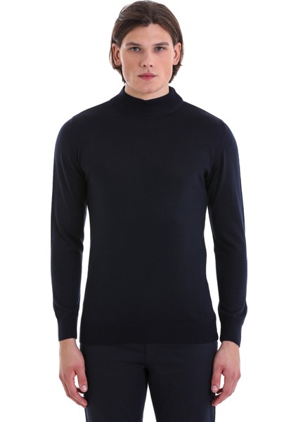 Lacivert Regular Fit Düz Yarım Balıkçı Yaka Yünlü Triko Kazak