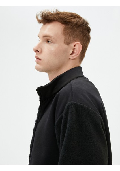 Peluş Sweatshirt Fermuarlı Dik Yaka Cep Detaylı