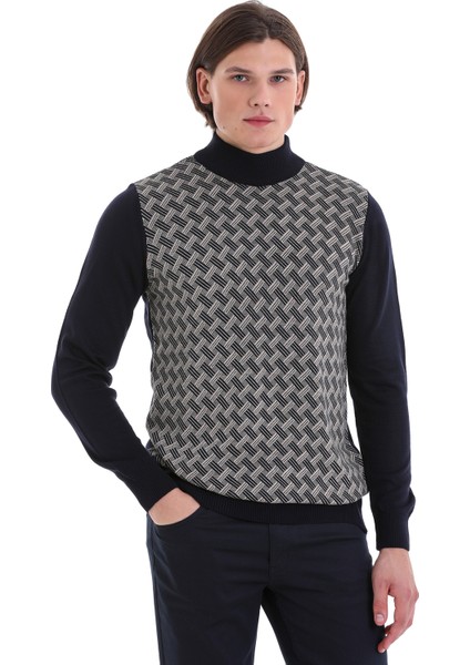 Lacivert Regular Fit Jakarlı Yarım Balıkçı Yaka Yünlü Triko Kazak