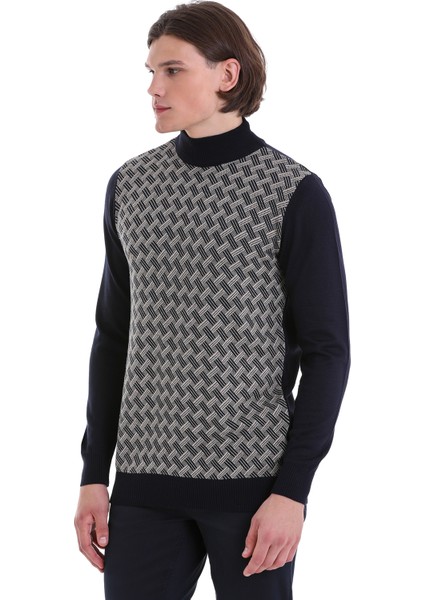 Lacivert Regular Fit Jakarlı Yarım Balıkçı Yaka Yünlü Triko Kazak modelleri