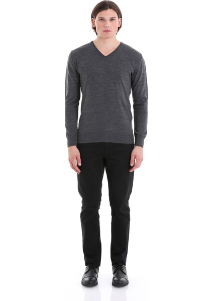 Gri Regular Fit Düz V Yaka Yünlü Triko Kazak fiyatları