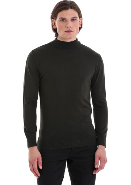 Haki Regular Fit Düz Yarım Balıkçı Yaka Yünlü Triko Kazak