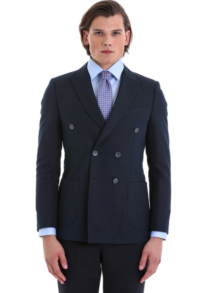 Lacivert Slim Fit Düz Sivri Yaka Kruvaze Klasik Ceket modelleri
