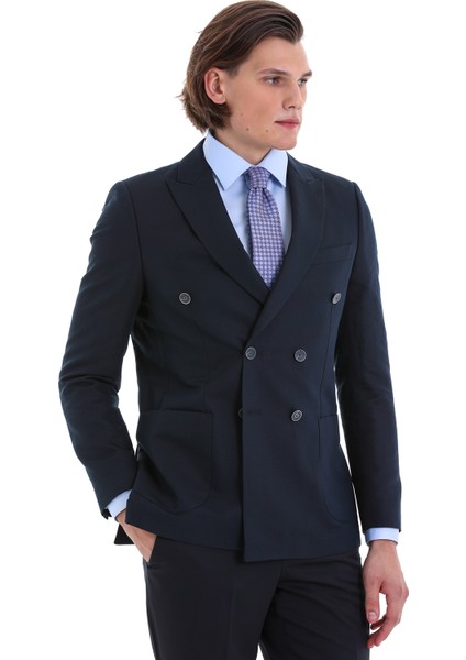 Lacivert Slim Fit Düz Sivri Yaka Kruvaze Klasik Ceket fırsatları