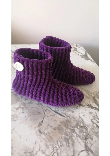 El Örgüsü Kadife Ip Mor Düğme Detaylı Ev Botu Panduf