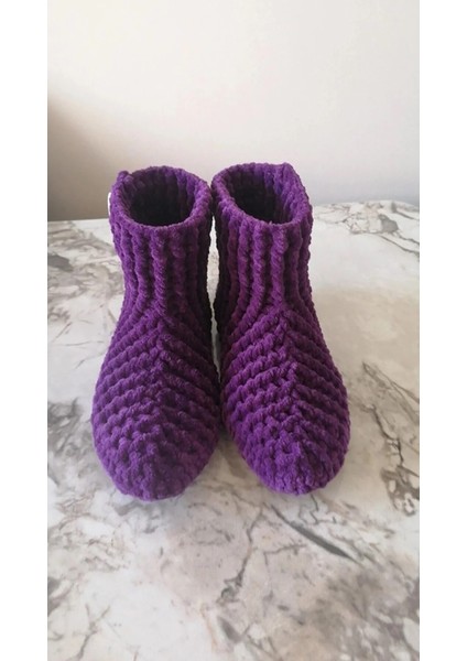 El Örgüsü Kadife Ip Mor Düğme Detaylı Ev Botu Panduf fiyatları