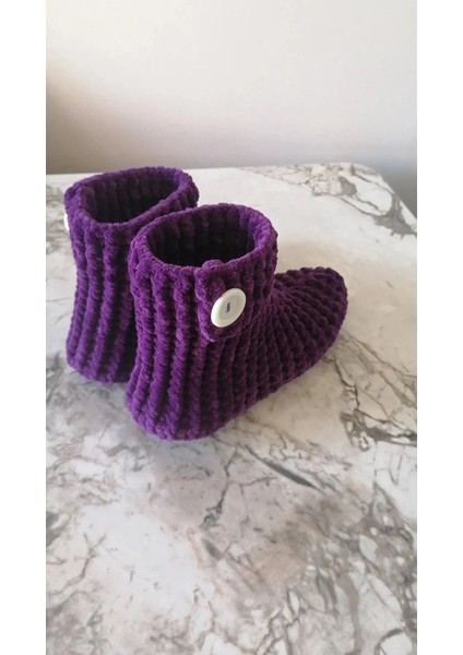 El Örgüsü Kadife Ip Mor Düğme Detaylı Ev Botu Panduf modelleri