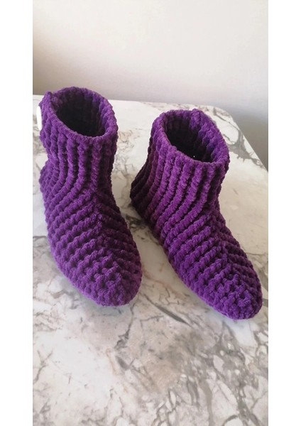 El Örgüsü Kadife Ip Mor Düğme Detaylı Ev Botu Panduf fırsatları