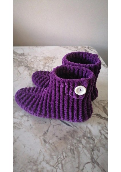 El Örgüsü Kadife Ip Mor Düğme Detaylı Ev Botu Panduf indirimleri