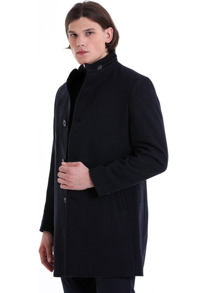 Lacivert Slim Fit Desenli Hakim Yaka Yünlü Kaşe Palto