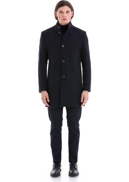 Lacivert Slim Fit Desenli Hakim Yaka Yünlü Kaşe Palto fiyatları