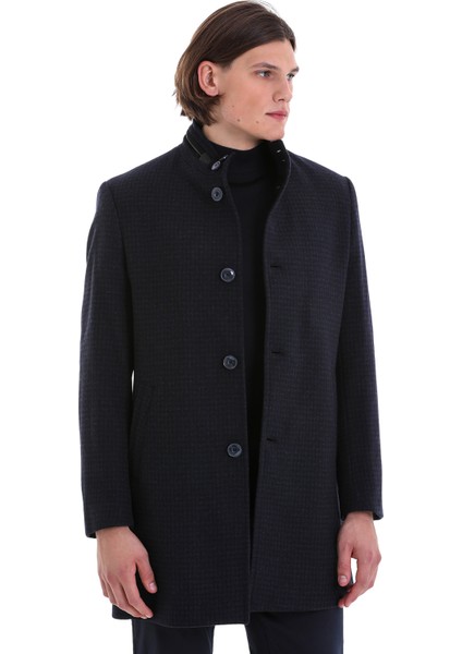 Lacivert Slim Fit Desenli Hakim Yaka Yünlü Kaşe Palto modelleri