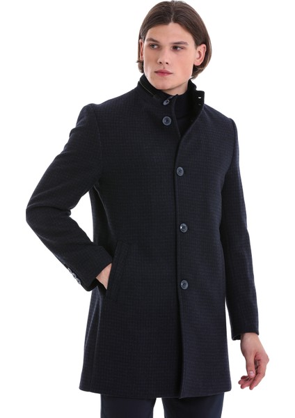 Lacivert Slim Fit Desenli Hakim Yaka Yünlü Kaşe Palto fırsatları