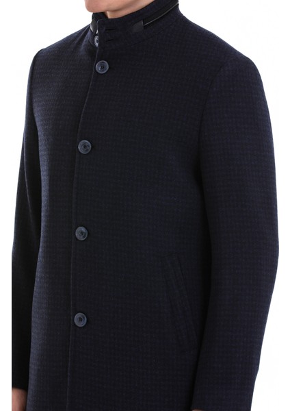 Lacivert Slim Fit Desenli Hakim Yaka Yünlü Kaşe Palto indirimleri