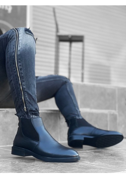 BA0211 Deri Chelsea Bağcıksız Lastikli Siyah Erkek Yarım Bilek Bot
