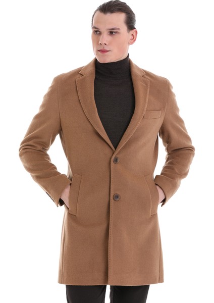 Camel Slim Fit Düz Mono Yaka Yünlü Kaşe Palto