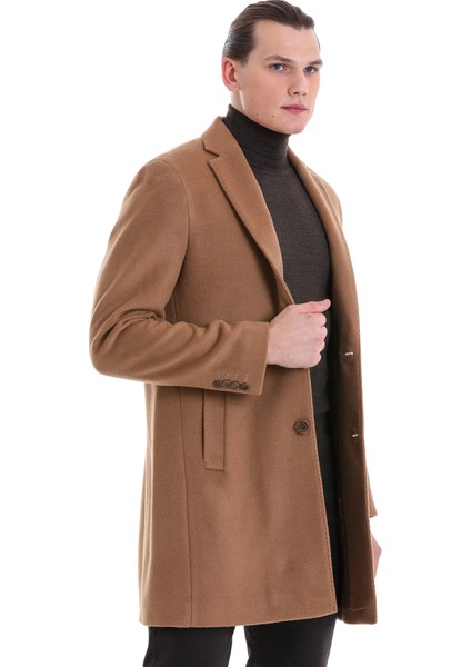 Camel Slim Fit Düz Mono Yaka Yünlü Kaşe Palto modelleri