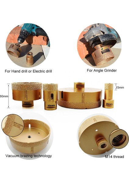 Mermer Granit Panç Fayans Beton Kaya 70MM Sarı Elmas Delme Ucu Avuç Taşlama Uyumlu (M14) Karot Delik modelleri