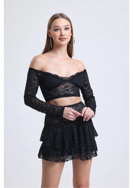 Siyah Dantel Omuzları Açık Etek Crop 2 Li Takım modelleri