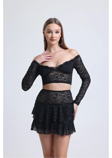 Siyah Dantel Omuzları Açık Etek Crop 2 Li Takım fırsatları