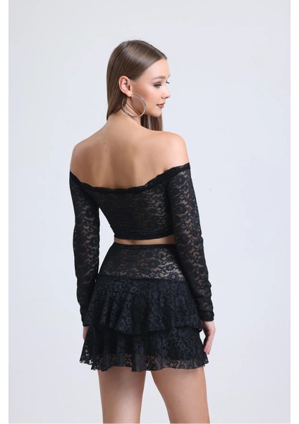 Siyah Dantel Omuzları Açık Etek Crop 2 Li Takım indirimleri