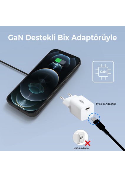 BXMG20 15W Manyetik Kablosuz Şarj Cihazı ve 20W GaN Type-C PD Şarj Adaptörü Beyaz iPhone 12/13/14/15 uyumlu