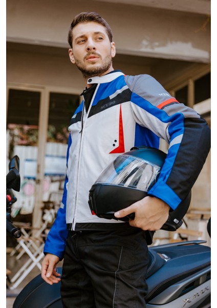 Madrid 3 Mevsım Erkek Motosıklet Ceketı - Mavı Gri L