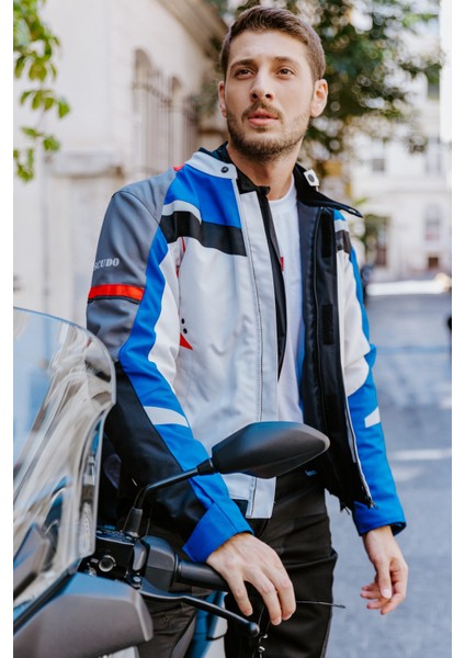Madrid 3 Mevsım Erkek Motosıklet Ceketı - Mavı Gri L