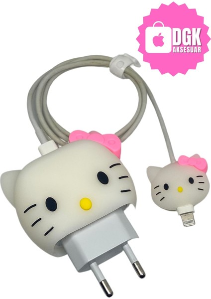 Apple 18-20 Watt Hızlı Şarj Koruyucu Başlığı ve Kablo Koruyucu Set Hello Kitty Figürlü