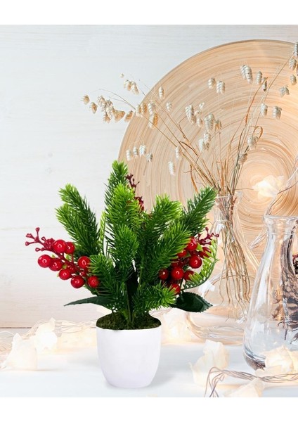 Yapay Çiçek Yılbaşı Çiçeği Kırmızı Kokina ve Çam Dalı Beyaz Aksıda 30*20CM