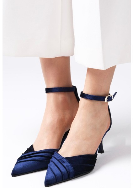 Dina Lacivert Renk Kadife Kumaş Kadın Topuklu Ayakkabı