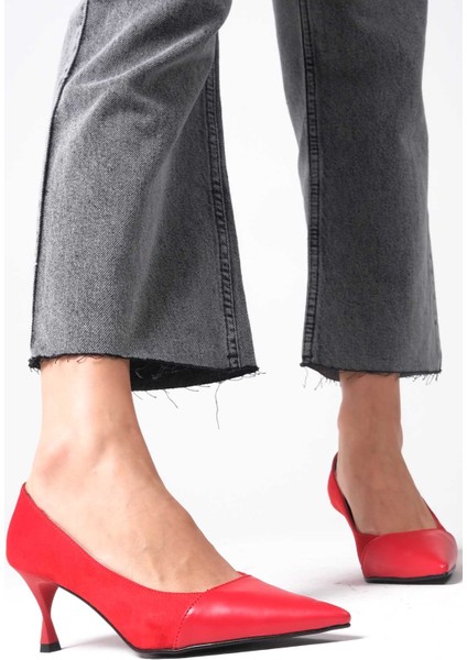 Lina Kırmızı Süet Ve Deri Kombinasyonlu Topuklu