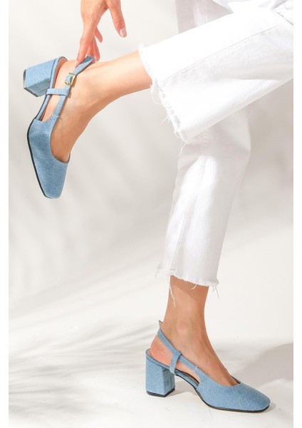 Belinda Mavi Renk Arkası Açık Denim Kumaş Küt Burunlu Kadın Topuklu Kot Ayakkabı fiyatları