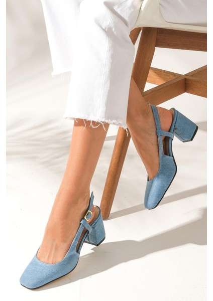Belinda Mavi Renk Arkası Açık Denim Kumaş Küt Burunlu Kadın Topuklu Kot Ayakkabı modelleri