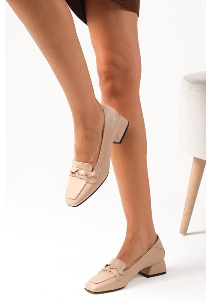 Abriana Ten Rengi Küt Burunlu Örgü Bantlı Kadın Kısa Topuklu Ayakkabı indirimleri