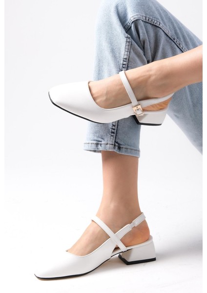 Ella Beyaz Renk Arkası Açık Kadın Kısa Topuklu Ayakkabı