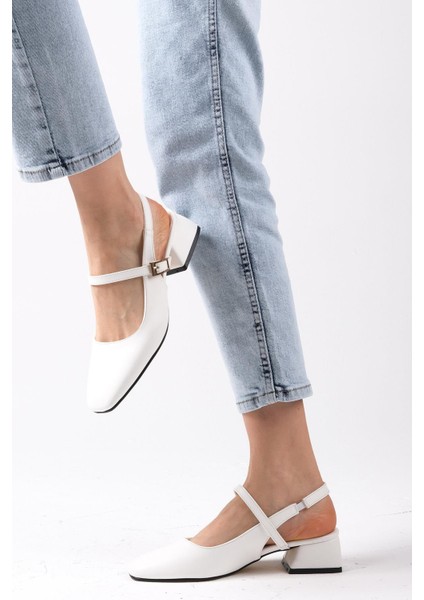 Ella Beyaz Renk Arkası Açık Kadın Kısa Topuklu Ayakkabı indirimleri