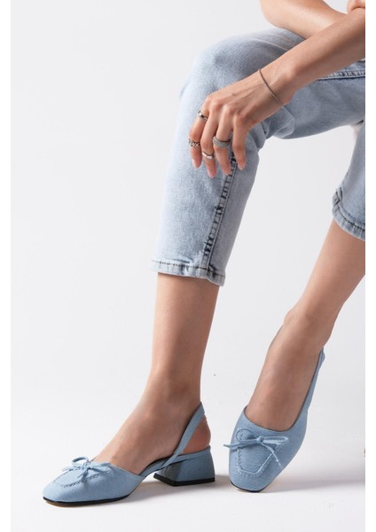 Bria Mavi Renk Denim Kumaş Arkası Açık Kadın Kısa Topuklu Kot Ayakkabı
