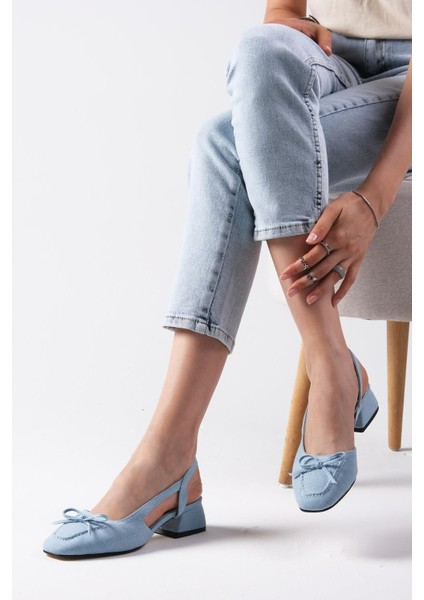 Bria Mavi Renk Denim Kumaş Arkası Açık Kadın Kısa Topuklu Kot Ayakkabı