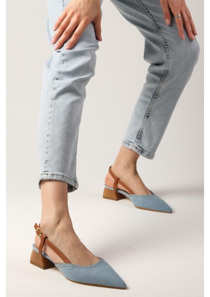 Carly Mavi Renk Denim Kumaş Arkası Açık Kadın Kısa Topuklu Kot Ayakkabı