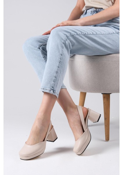 Evita Bej Renk Arkası Açık Platformlu Kadın Topuklu Ayakkabı fiyatları