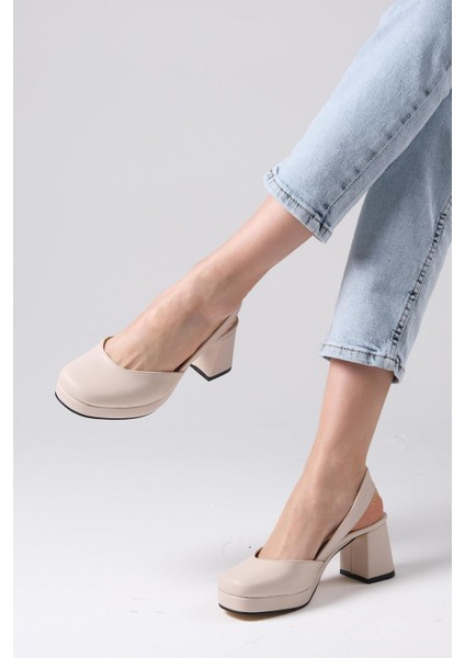 Evita Bej Renk Arkası Açık Platformlu Kadın Topuklu Ayakkabı modelleri