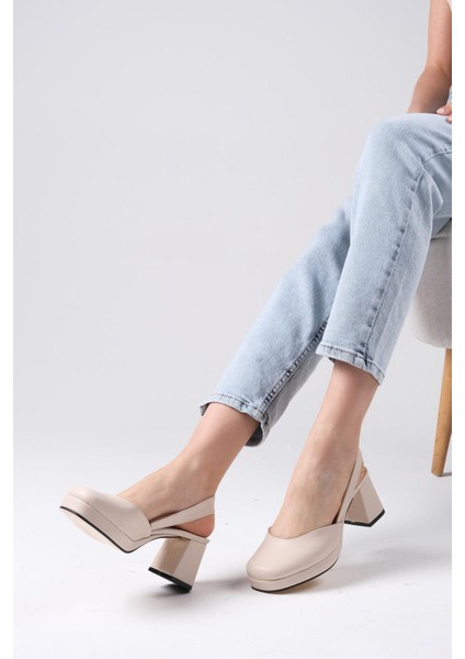 Evita Bej Renk Arkası Açık Platformlu Kadın Topuklu Ayakkabı fırsatları
