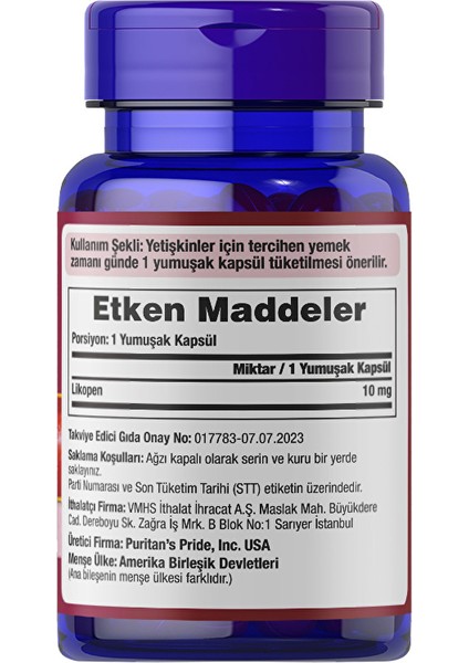 Lycopene 10 Mg 100 Kapsül