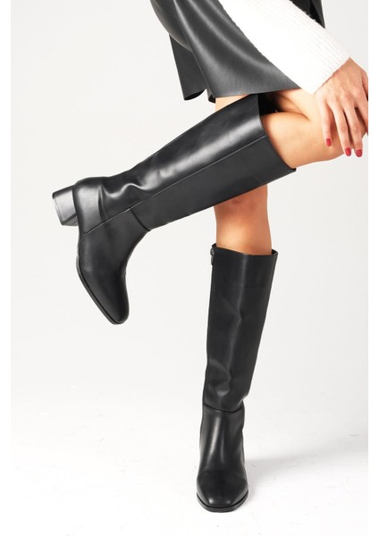 Briony Siyah Renk Yandan Fermuarlı, Ince Suni Kürk Astarlı Küt Burun Kadın Topuklu Çizme fırsatları