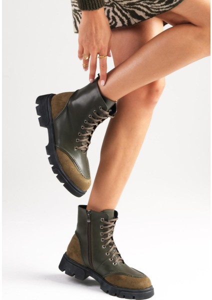 Samantha Yeşil Bağcıklı Ve Fermuarlı Kalın Tabanlı Kadın Postal Bot