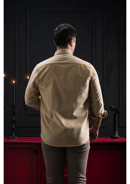 Regular Fit Fitilli Yaka Düğmeli Pamuklu Erkek Kadife Gömlek indirimleri