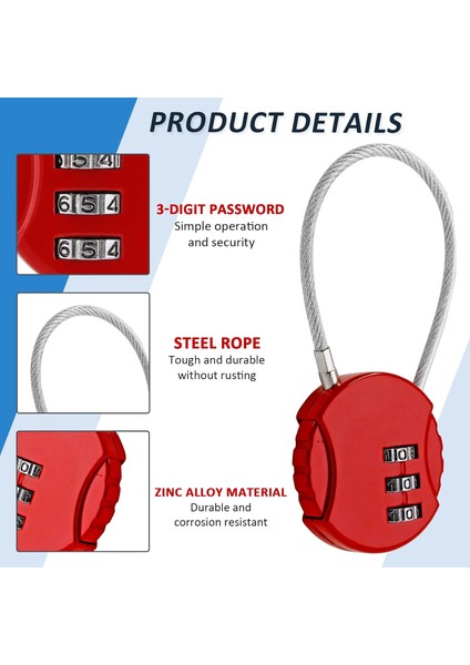 Adet Şifreli Kilit, 3 Haneli Açık Su Geçirmez Asma Kilit Kod Kilidi Kablo Bagaj Kilitleri Sırt Çantası, Bavul, Kapı (6 Renk) (Yurt Dışından) fırsatları