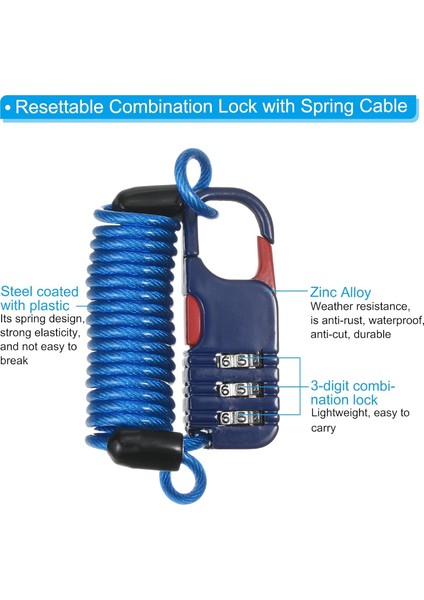 Yaylı Kablo ile 3 Haneli Şifreli Kilit, 2 Adet Kask Asma Kilit 3.3ft Bisiklet Soyunma Seyahat Bagajı Için Esnek Güvenlik Çelik Kilit Teli, Beyaz (Yurt Dışından) indirimleri